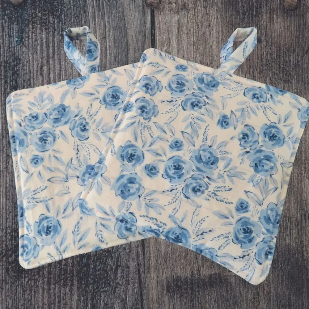 Handmade Potholder, Set of 2, Reversible Chickens and Blue Rose Hot Pads